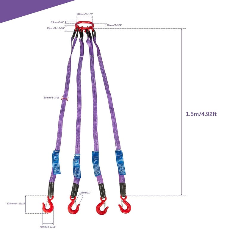 Pindex 5ft 3t Chain Sling for Lifting, 6610lbs Polyester Strap Lifting Sling Chain Hoist with G80 Alloy Steel 4 Legs Grab Hook and Adjuster, Adjustable Length and Angle for Safe Towing - Image 3